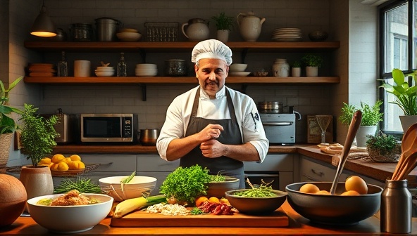 An engaging visual representation of a virtual cooking class led by a celebrity chef, showcasing the chef's culinary skills and techniques while participants follow along in their own kitchens, surrounded by fresh ingredients and cooking utensils, creating a dynamic and interactive cooking experience.