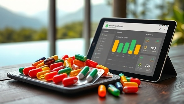 An artistic representation of a variety of colorful supplement capsules neatly arranged in personalized daily packs, accompanied by a digital health assessment interface on a tablet, set against a backdrop of a serene wellness retreat, symbolizing the harmony between personalized health support and holistic well-being.
