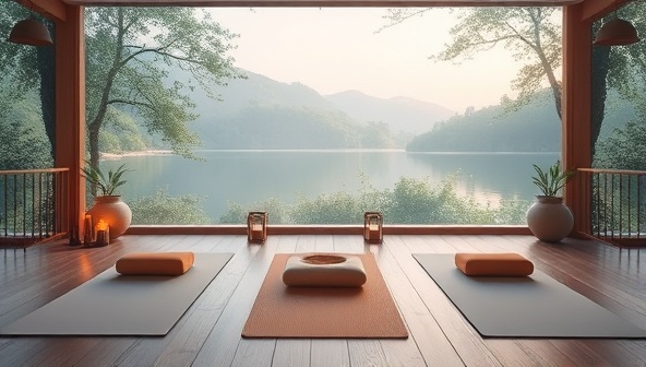 A serene and tranquil virtual retreat setting featuring a peaceful nature backdrop with soft lighting, yoga mats, meditation cushions, and relaxation essentials, creating a calming and inviting atmosphere for participants to experience the wellness offerings of SerenitySpace.