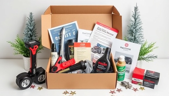 An aesthetically pleasing image of a neatly arranged subscription box filled with car maintenance tools, products, and informational guides, surrounded by automotive-themed decorations to convey the concept of a comprehensive car care kit delivered to customers' doorsteps.