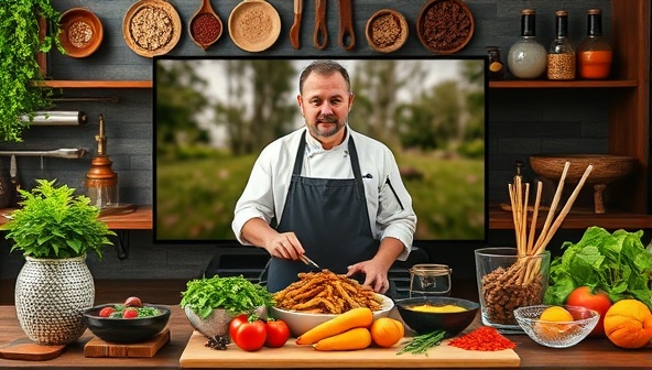 An inviting image of a virtual cooking class setup, featuring a chef demonstrating a traditional dish from a specific culture, with a backdrop of culinary tools, spices, and ingredients representative of that region, creating a global culinary experience.