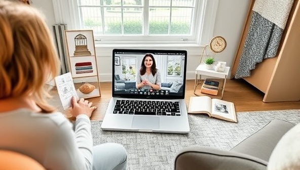An inviting and stylish virtual room design setup with a professional interior designer conducting a virtual consultation on a laptop screen, surrounded by design samples, fabric swatches, and room layout sketches, illustrating the personalized and interactive nature of the service.