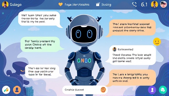 An innovative chatbot interface displaying a virtual storyteller character engaging in a dialogue with a user, surrounded by visually stimulating graphics and interactive story prompts, illustrating the immersive storytelling experience of the AI-powered chatbot.