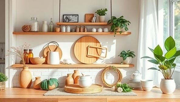 An aesthetically pleasing home setting with eco-friendly products like bamboo kitchenware, natural cleaning supplies, and energy-saving devices, creating a harmonious and sustainable living environment.