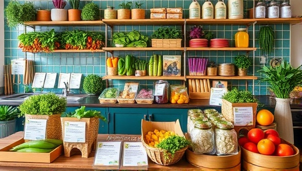 A vibrant kitchen counter filled with colorful, fresh ingredients neatly arranged in eco-friendly packaging, alongside recipe cards and cooking utensils, inviting customers to embark on a culinary adventure in plant-based cooking.