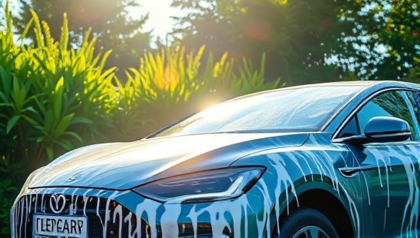 A vibrant image of a shiny electric car being washed with eco-friendly products under the sun, surrounded by lush greenery, conveying a sense of sustainability and cleanliness.