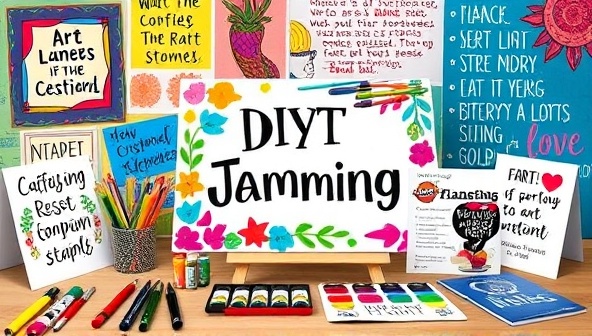 A colorful and vibrant DIY art jamming kit with an array of art supplies, a canvas, and a step-by-step guide, surrounded by artistic creations and inspirational quotes, evoking a sense of creativity and relaxation.