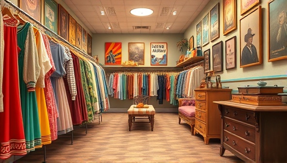 An immersive 3D virtual tour of a retro-themed digital store filled with colorful vintage clothing racks, retro posters, and antique furniture, capturing the essence of a nostalgic and sustainable shopping experience.