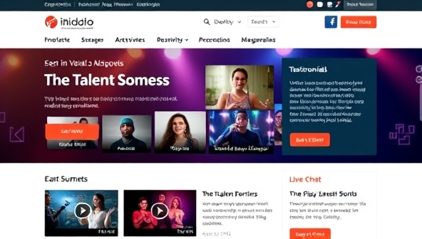 An interactive homepage featuring a dynamic showcase of talent videos, user testimonials, and a live chat support option, creating a vibrant and welcoming environment for aspiring artists and industry professionals.