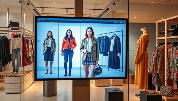 A digital screen displaying a virtual fitting room with a customer trying on different outfits virtually, surrounded by stylish clothing racks and accessories, creating a high-tech and trendy atmosphere.