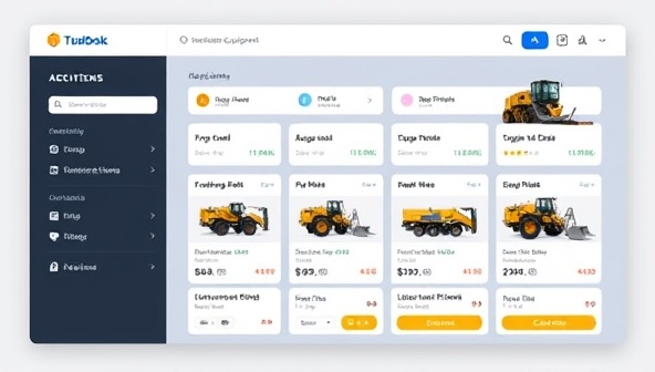 An engaging platform interface displaying a variety of construction equipment options available for rent, with detailed specifications, rental rates, and user reviews, creating a one-stop destination for equipment rental needs in the construction sector.