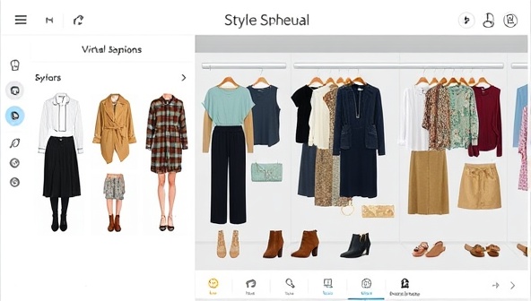 An interactive virtual wardrobe with digital clothing items, accessories, and style suggestions displayed on a sleek interface, showcasing the versatility and convenience of StyleSphere Virtual in creating personalized style solutions for clients seeking fashion inspiration and guidance.
