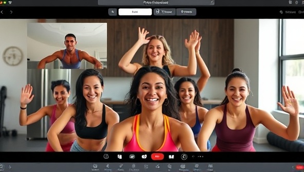 A dynamic and diverse virtual fitness community engaging in a group workout session through a video call, with participants from different locations joining in, showcasing the inclusivity, energy, and connectivity of FitFusion Challenges' online fitness platform.