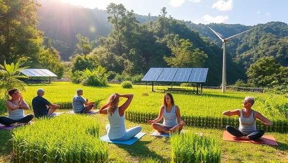 A serene natural setting with individuals practicing yoga, meditation, and sustainable living activities amidst lush greenery and renewable energy elements, symbolizing a harmonious connection between personal well-being, environmental consciousness, and energy sustainability promoted by EnerZen Wellness.