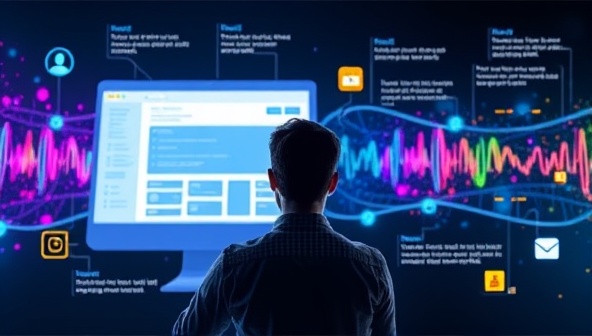 An interactive visual representation of a user designing a website using voice commands, with colorful voice waves and digital elements responding to verbal instructions, highlighting the hands-free and futuristic design experience of VoiceCraftWeb's platform.