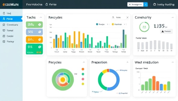 An online dashboard displaying waste tracking and management tools, with color-coded waste categories, recycling options, and real-time waste reduction statistics, emphasizing the efficiency and environmental impact of using EcoWaste Solutions in construction projects.