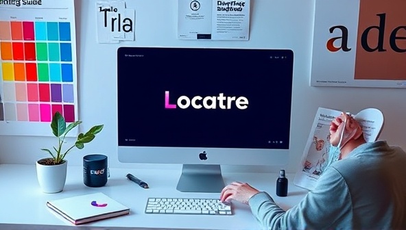 A digital workspace with a designer creating a brand logo on a computer screen, surrounded by color palettes, branding guides, and inspirational design books, evoking a creative and professional branding consultancy setting.
