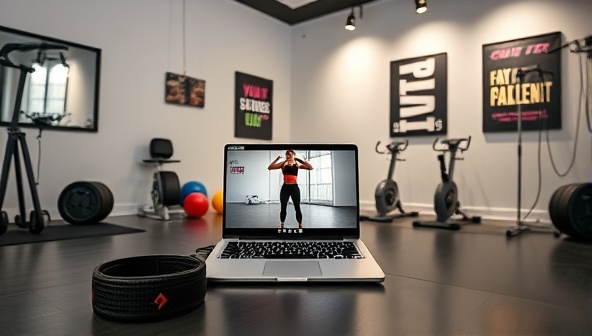 A sleek and modern virtual fitness studio setup with a laptop streaming a live workout session, surrounded by fitness equipment and motivational posters, creating an immersive and engaging fitness experience.