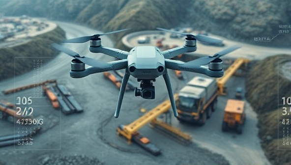 An aerial view of a mining site with drones and sensors actively monitoring the area, displaying real-time data feeds on a control screen, showcasing advanced security measures and technology integration.