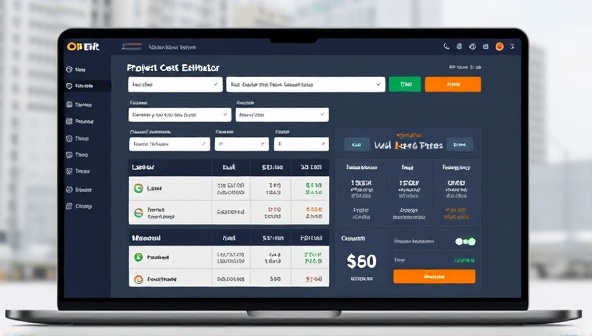 An engaging platform interface displaying a construction project cost estimator tool with customizable input fields, real-time cost calculations, and detailed breakdowns of labor, materials, and overhead costs, illustrating the tool