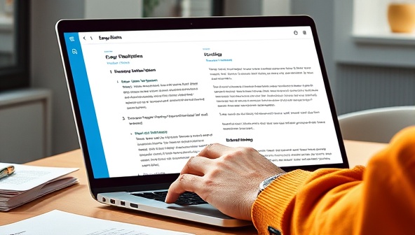 An artistic depiction of a college student typing on a laptop with the EssayElevate platform open, showing AI-powered writing suggestions and grammar corrections in real-time, fostering a productive and efficient essay writing process for students seeking academic support.
