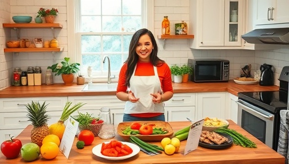 An inviting kitchen scene with a virtual nutrition coach conducting a cooking workshop, surrounded by fresh ingredients, recipe cards, and cooking utensils, demonstrating healthy meal preparation and culinary skills in a warm and interactive environment, reflecting the informative and engaging approach of NutriVerve.