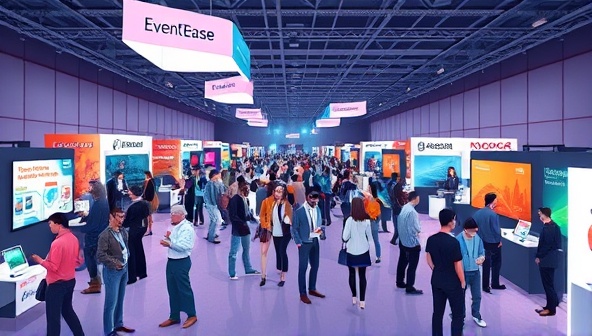A dynamic digital illustration of a virtual event hall filled with animated avatars interacting and networking, with virtual booths showcasing sponsors and exhibitors, conveying the vibrant and immersive experience of a virtual event hosted on EventEase Hub.