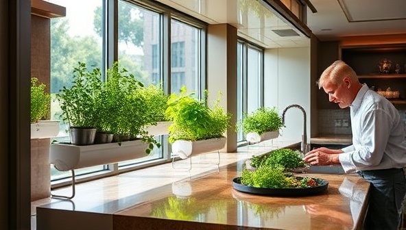 An elegant restaurant kitchen featuring a sleek hydroponic herb garden installation along a sunny window, with a chef harvesting vibrant herbs for culinary creations, symbolizing the seamless integration of functionality and aesthetics in HerbHaven Hydrofarms' design solutions.