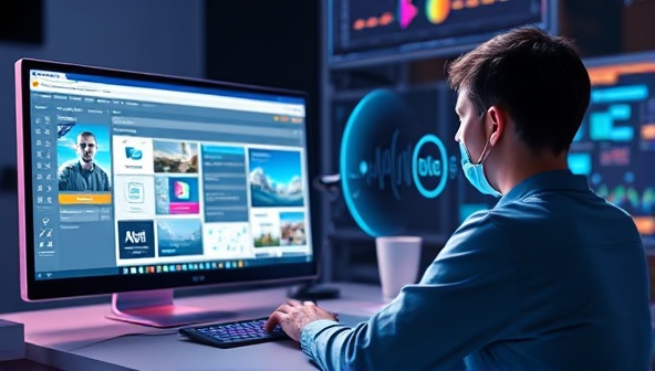 An innovative visualization of VoiceDesign Pro in action, with a designer using voice commands to adjust website elements, accompanied by real-time design changes on the screen and a futuristic voice interface, illustrating the tool's seamless integration of voice technology and design creativity.