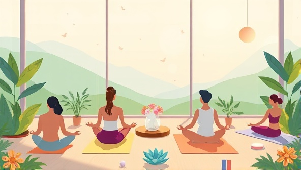 A serene digital illustration showcasing a virtual wellness retreat setting with participants engaging in meditation, yoga poses, and wellness activities, surrounded by nature elements and soothing colors, creating a tranquil and rejuvenating atmosphere for holistic well-being.