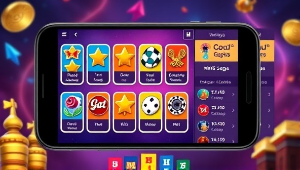 An interactive mobile app interface displaying colorful mini-games, achievement badges, and competitive leaderboards, inviting users to engage in playful and rewarding quests within the gambling gamification app.