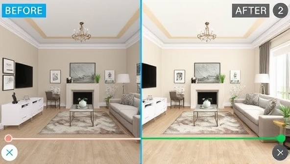 A virtual room visualization showcasing a before-and-after transformation of a living space, with interactive sliders highlighting design elements such as color schemes, furniture layouts, and decor accents, demonstrating the consultancy's design capabilities and virtual design solutions.