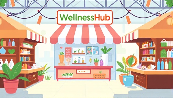 An inviting digital illustration showcasing the WellnessHub Marketplace, with a variety of wellness products and services displayed on a virtual marketplace, featuring vibrant colors and wellness symbols to convey a sense of holistic health and well-being.