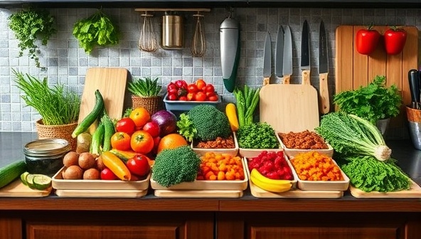 A colorful and vibrant meal prep station with an array of fresh vegetables, herbs, and plant-based proteins neatly organized, alongside chef knives, cutting boards, and cooking utensils, reflecting a healthy and dynamic meal prep environment.