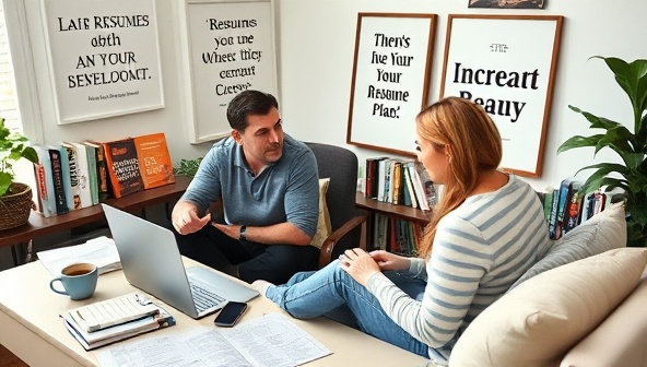 A cozy home office setup with a career coach reviewing resumes and career plans with a client on a laptop screen, surrounded by career development books, motivational quotes, and a cup of coffee, creating a supportive and professional career transition environment.