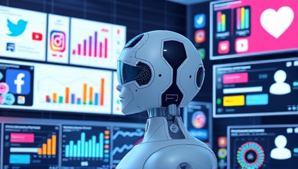 An image of a futuristic AI system analyzing social media data with colorful graphs and charts, surrounded by digital screens displaying various social media platforms, portraying innovation and efficiency.