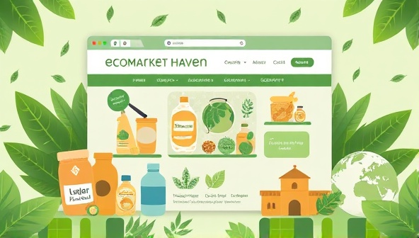 An artistic representation of the EcoMarket Haven website showcasing a variety of eco-friendly products, surrounded by green leaves and earth symbols, illustrating a virtual marketplace for sustainable living essentials.