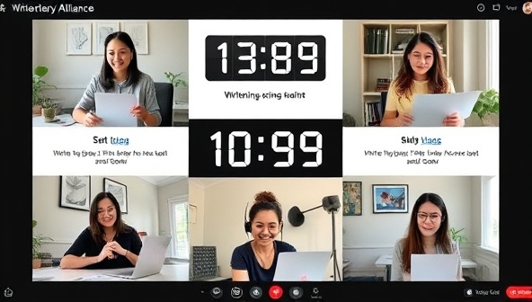 A virtual writing accountability group meeting with members on a video call, each showcasing their writing space and sharing their progress updates and goals, with a countdown timer for a writing sprint in the background, symbolizing productivity, focus, and mutual support among writers in the alliance.
