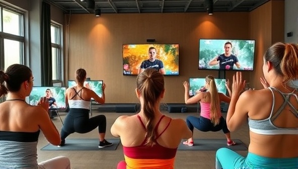 A vibrant virtual fitness class setting with a diverse group of participants following a trainer's workout routine on their screens, displaying energy and motivation in a digital fitness environment.