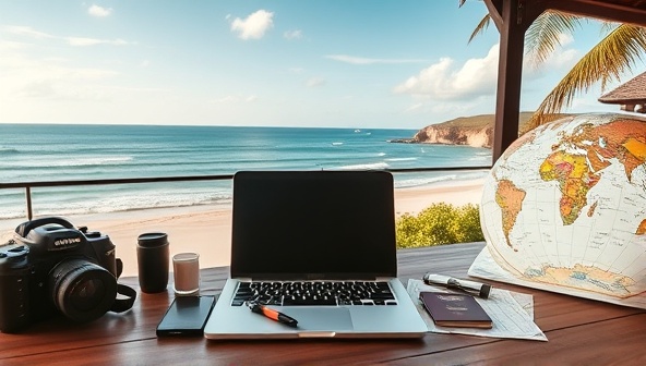 An inspiring digital nomad workspace with a laptop overlooking a scenic beach view, surrounded by travel essentials, a world map, and a passport, symbolizing the freedom and adventure of the digital nomad lifestyle.