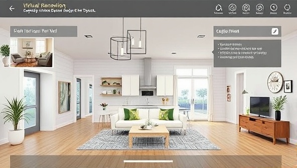 An artistic visualization of a virtual home renovation simulation tool interface, with interactive design elements, customizable features, and realistic renderings of interior spaces, inspiring users to explore and plan their renovation projects creatively and efficiently.