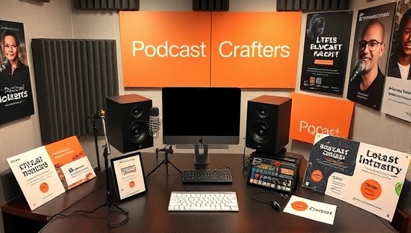 A professional podcast studio setup with microphones, soundproofing panels, and recording equipment, surrounded by creative podcast branding elements and promotional materials, illustrating the comprehensive podcast production and promotion services offered by PodcastCrafters for clients aiming to elevate their podcasting presence.