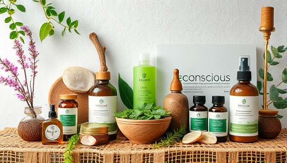 A harmonious blend of natural elements and eco-friendly products beautifully arranged, conveying the essence of EcoConscious Haven's commitment to sustainability and conscious living.