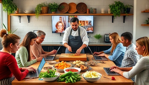A vibrant online cooking class setting with a diverse group of participants following a chef's instructions on their laptops, surrounded by fresh ingredients and cooking utensils, creating a dynamic and interactive culinary experience.
