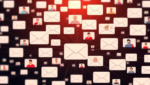 An intricate network of personalized email threads connecting with various customer avatars, symbolizing the AI-powered customization and targeting capabilities of the platform.