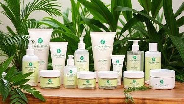 A collection of GreenGlam Packaging's eco-friendly beauty containers and refillable options elegantly displayed on a wooden table, surrounded by lush greenery and natural elements, conveying a message of sustainability and beauty harmony.