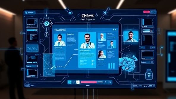 An image of a digital interface showcasing the TrialVirtuoso platform, with researchers, patients, and medical professionals engaging in virtual discussions and data sharing for clinical trial recruitment and management, symbolizing innovation and collaboration in healthcare research.