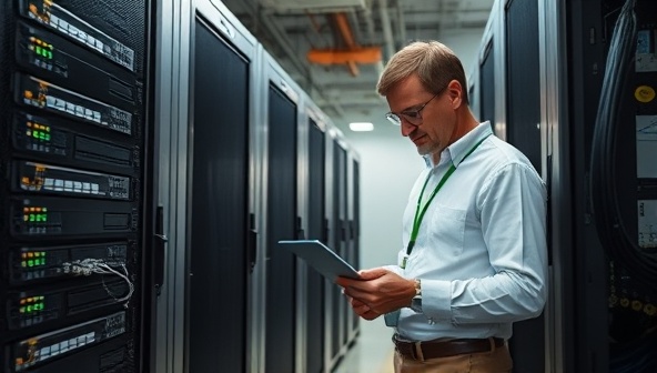 A telecommunications sustainability consultant conducting an energy audit at a data center, inspecting servers, cables, and networking equipment for energy efficiency and environmental impact, highlighting the importance of green telecom practices in reducing carbon emissions.