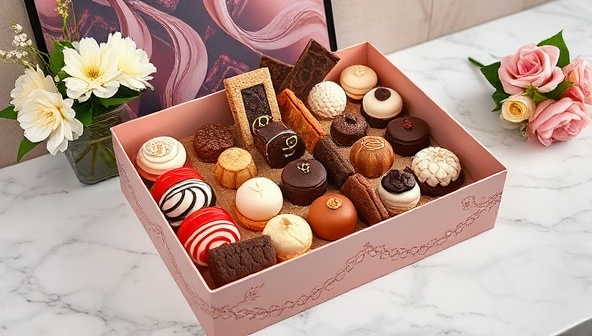 A visually stunning dessert box overflowing with an assortment of decadent sweets, elegantly presented on a marble countertop with fresh flowers and decorative accents, evoking a sense of luxury and indulgence.