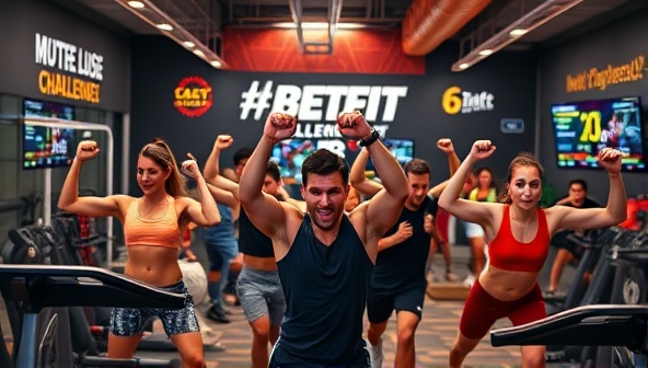 An energizing image of individuals engaged in intense workout challenges and competitive activities, surrounded by motivational slogans, digital displays tracking fitness progress, and subtle gambling motifs integrated into the fitness equipment, illustrating the dynamic and invigorating atmosphere of BetFit Challenge Hub.